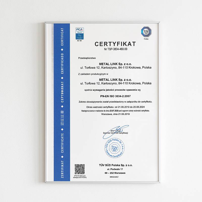 Certyfikat jakości procesów spawania